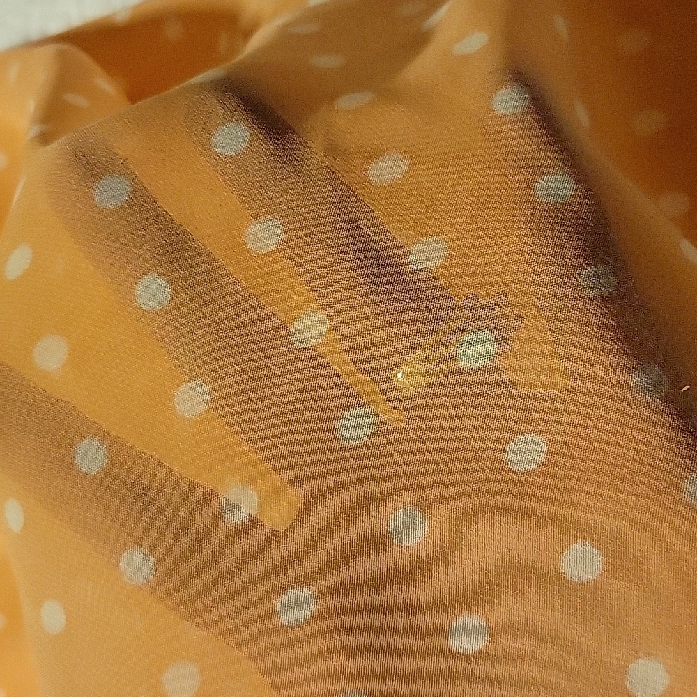 Sheer peach chiffon blouse with white polka-dots. Pearl and gold buttons. Size L - Picture 2 of 12